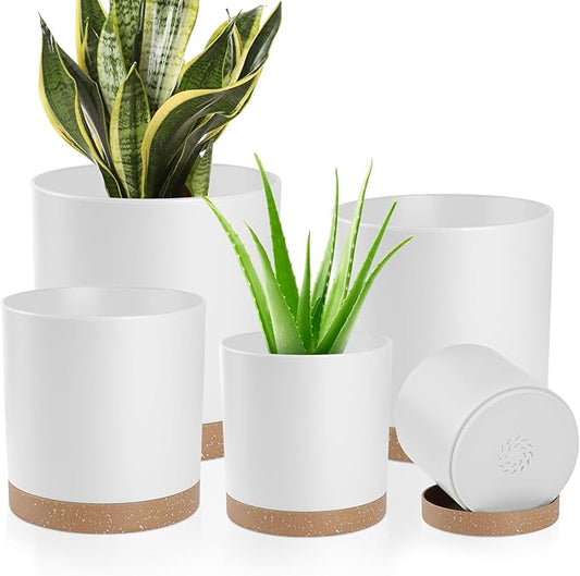 Plant Pots with Drainage Holes and Saucers – 7, 6.5, 6, 5, 4 Inch Plastic Planters for Indoor Outdoor Plants, Modern Matte Finish, Lightweight & Durable（White