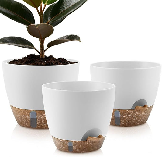 Self-Watering Plant Pots with Water Level Indicator, Drainage Holes & Saucers – 12/10/9 Inch Large Plastic Planter Set for Indoor & Outdoor Plants (White)