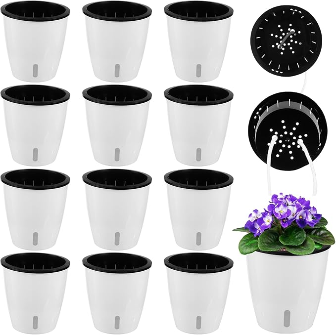 Planterhoma 5 Inch Self Watering Pots for Indoor Plants, 12 Packs African Violet Pots with Indicator, Black Wick Pot with Drainage Holes, Self Watering Planters for Orchid, Devil's Ivy, White