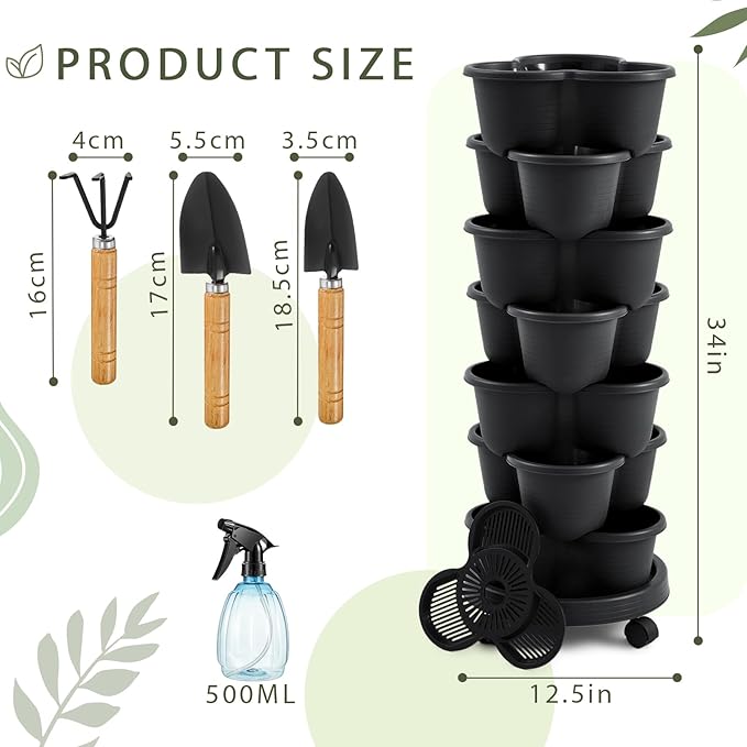 Umigy 1 Set Black 7 Tier Stackable Vertical Planters with Removable Wheels and Tools Tower Planters Strawberry Herb Flower Vegetable Pots Indoor Outdoor Gardening Pots