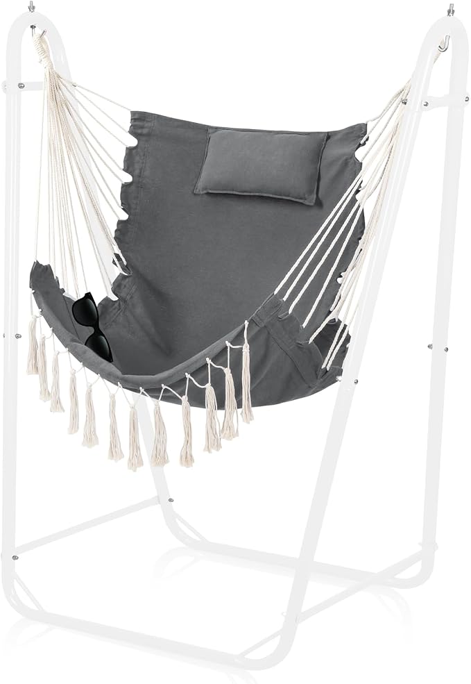 Hammock Chair with U Shape Stand, Cotton Swing Chair with Side Pocket, Heavy-Duty Metal Frame with Hanging Seat, Multi-Functional Swing Stand for Indoor and Outdoor Patio Yard Garden (WhiteGray)