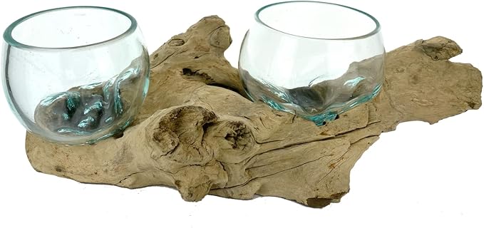 Terrarium Planter - Double Melted Glass Vase Bowl Gamal Driftwood Hand Blown Sculpture Candle Holder Air Succulent Plant Home Décor