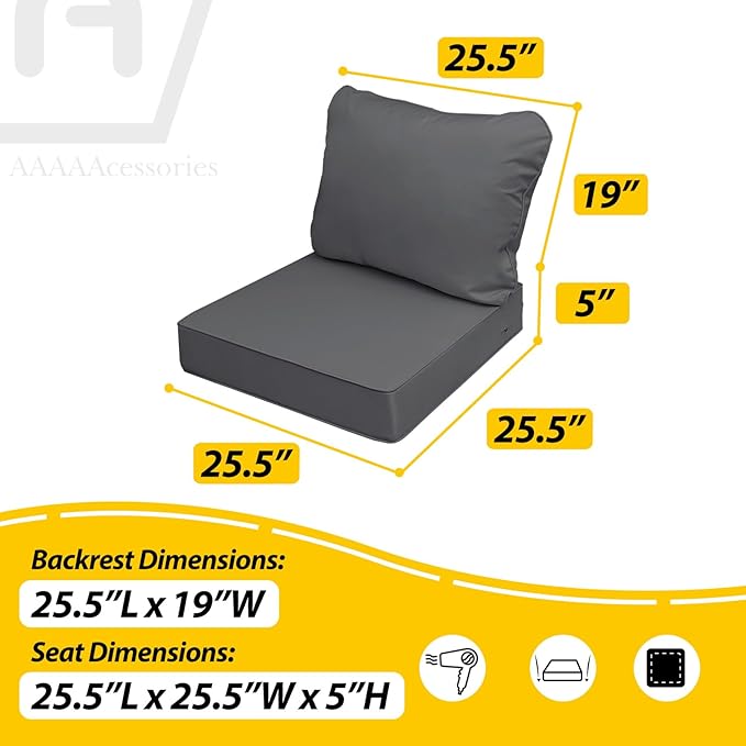 AAAAAcessories Outdoor Seat Cushions for Chairs, Fade-Resistant, Waterproof Patio Furniture Replacement Cushions, 25.5" x 25.5" x 5" + 25.5" x 19", Dark Gray