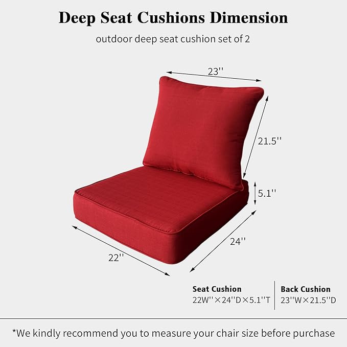 Outdoor 22"x24" Inch Deep Seat Patio Cushion Set of 2, Outdoor Chair Cushions with Water Resistant Sectional Sofa Pad and Removable Covers,Chili