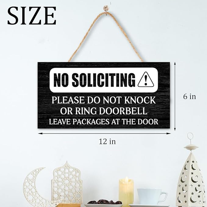 No Soliciting Wood Hanging Sign for Front Door,Do Not Knock or Ring Doorbell House Welcome Sign