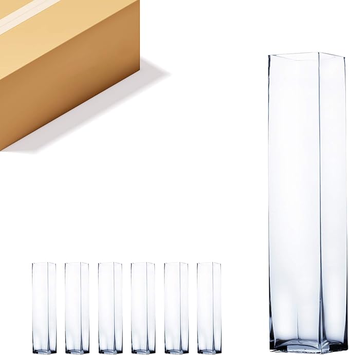 WGV Tall Square Vase Glass Block Bulk, Length 4", Height 20", Clear Floral Container, Masterpiece, Planter Terrarium for Wedding Party Event, Home Office Decor, 6 Pieces