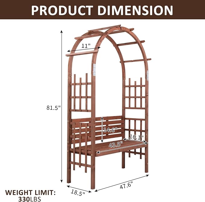 6.8FT Garden Arch with Bench, Arbor Arch for Climbing Plants with Garden Bench, Garden Arbors Trellises for Climbing Plants, Patio Trellis Pergola for Decoration, Wooden Arbor Trellis Garden
