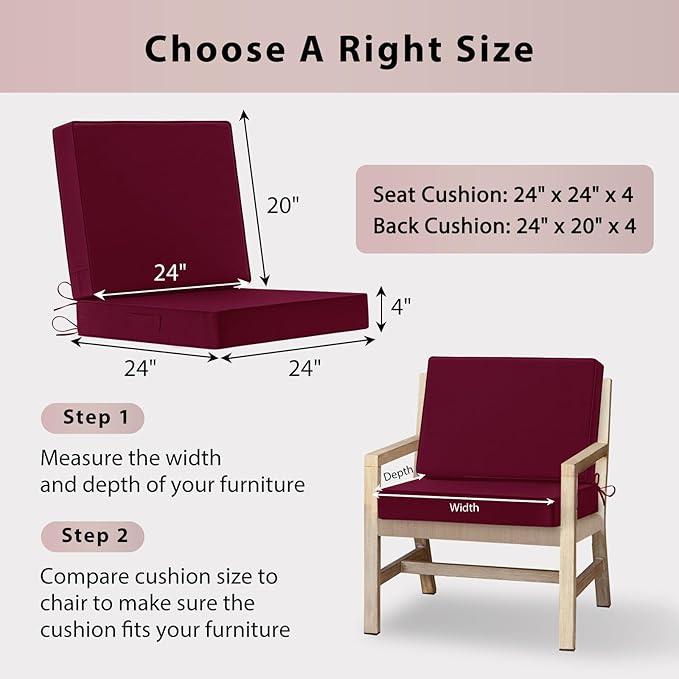 Waterproof Outdoor Chair Cushions 24x24, Memory Foam Outdoor Cushions for Patio Furniture with Removable Cover, Deep Seat Cushions for Outdoor Furniture with Ties and Handle, Burgundy