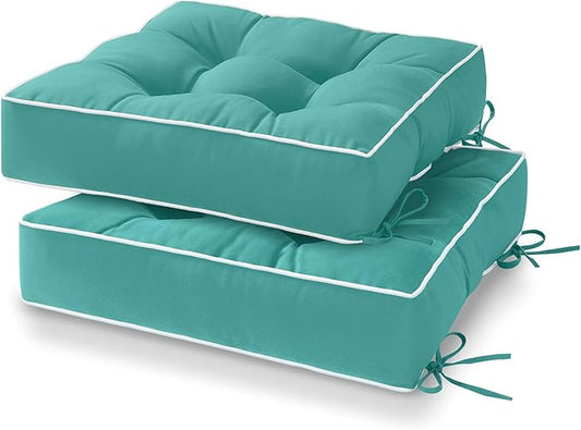 HARBOREST Outdoor Chair Cushions Set of 2, Tufted Patio Chair Cushions with Ties, Square Corner Outdoor Cushions for Patio Furniture, Lawn Chairs, Wicker Chairs, 17" x 17" x 5", Teal