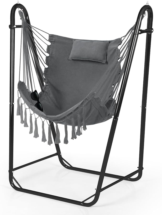 Hammock Chair with U Shape Stand, Cotton Swing Chair with Side Pocket, Heavy-Duty Metal Frame with Hanging Seat, Multi-Functional Swing Stand for Indoor and Outdoor Patio Yard Garden (Black)