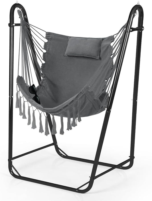 Hammock Chair with U Shape Stand, Cotton Swing Chair with Side Pocket, Heavy-Duty Metal Frame with Hanging Seat, Multi-Functional Swing Stand for Indoor and Outdoor Patio Yard Garden (Black)