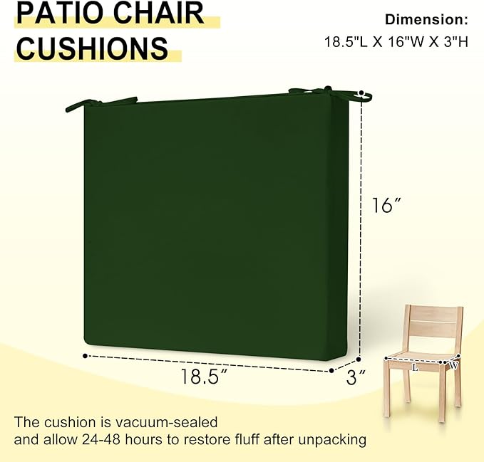 downluxe Outdoor Chair Cushions Set of 4 for Patio Furniture, Water-Resistant Square Corner Patio Chair Cushions with Ties, High Density Foam Outdoor Seat Cushion, 18.5" X 16" X 3", Forest Green