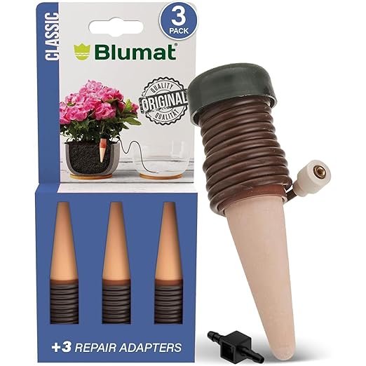 Blumat Classic Self-Watering Stakes - Automatic Drip Irrigation System for Indoor Plant Watering & Outdoor - Water Drip Solution for Potted Plants - Slow Release Stakes, 3 Pack, w Adapter