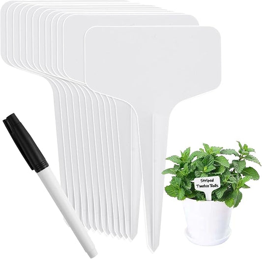 Oligei Plant Labels 120 PCS, T-Type Plant Tags with Marking Pen, 6 x 10 CM White Plastic Plant Markers for Nursery, Garden, Seedlings, Flower Vegetables, Herb