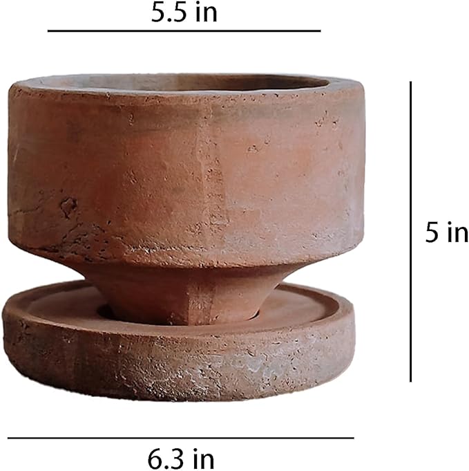 6" Rustic Weathered Terracotta Plant Pot with Drainage Saucer, Breathable Clay Planter, Mid-Century Modern Home & Garden Decor