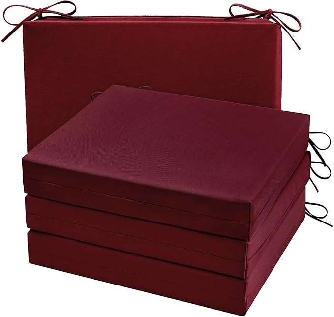 Cozyide Outdoor Chair Cushions, Waterproof Patio Seat Cushions with Adjustable Straps, Square Corner Patio Chair Cushions for Garden, Burgundy, 18.5x16x3 Inch (Pack of 4)