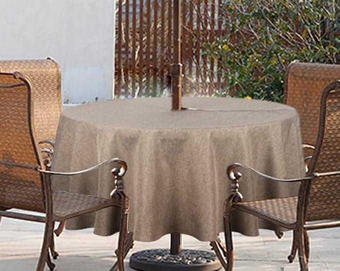Outdoor Tablecloth Wrinkle-Free Stain Resistant Waterproof Polyester Fabric Table Cover with Zipper Umbrella Hole for Picnic/Party/Dinner/Patio Garden(60inch Round,Zippered,Flax)