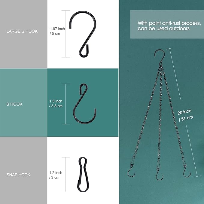 Hanging Basket Chain, 20 Inch Black 3 Point Plant Chains with Hooks for Hanging Baskets Planter Pots Perfect for Indoor Outdoor Decor (3 PCS)
