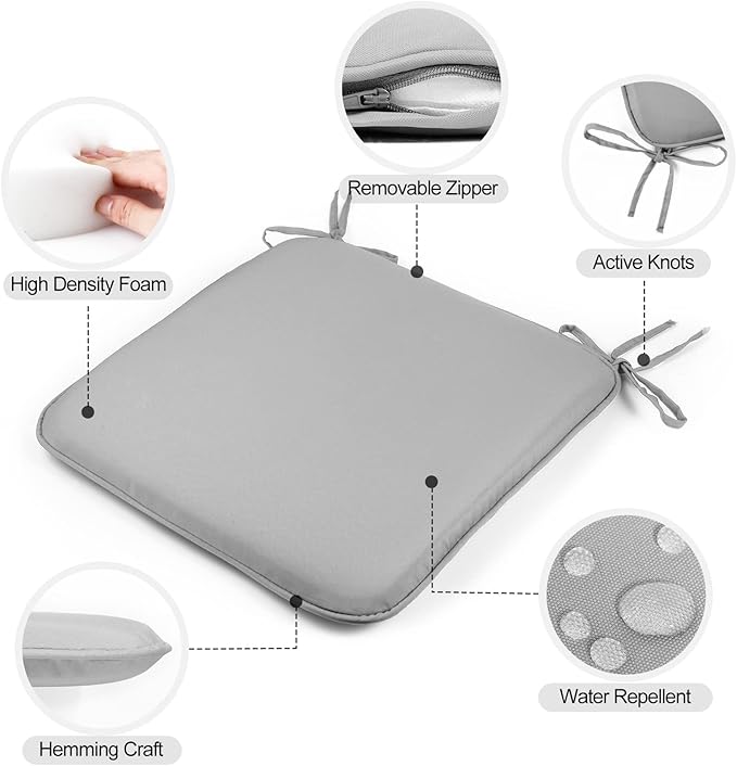 GUEGLSA Outdoor Indoor Waterproof Seat Cushions,16x16 Inches Patio Chair Cushion with Ties,Machine Washable Seat Pad for Home Garden Furniture,Set of 2,Grey