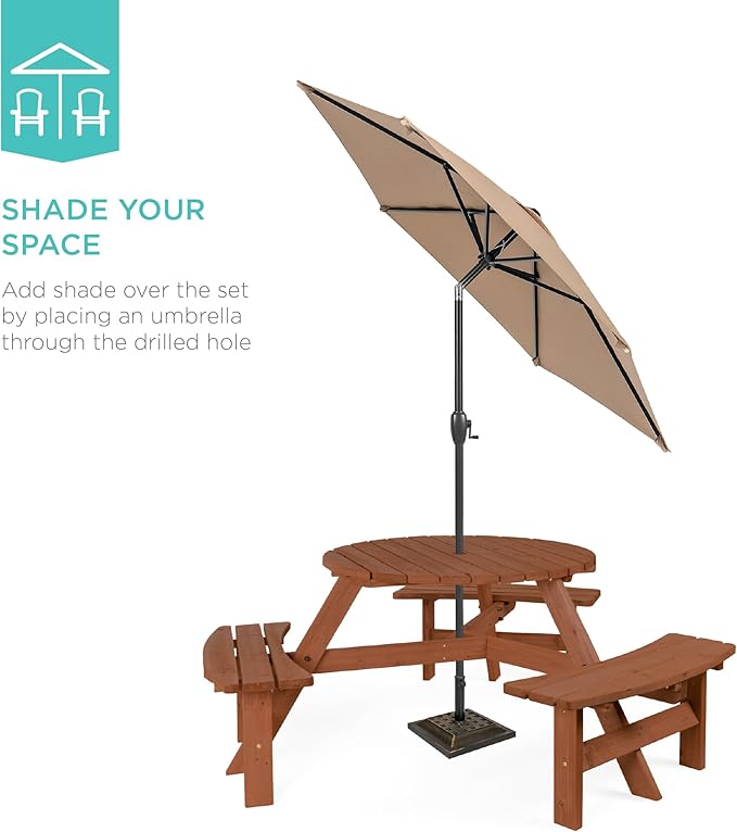 Best Choice Products 6-Person Circular Outdoor Wooden Picnic Table for Patio, Backyard, Garden, DIY w/ 3 Built-in Benches, 500lb Capacity - Acorn