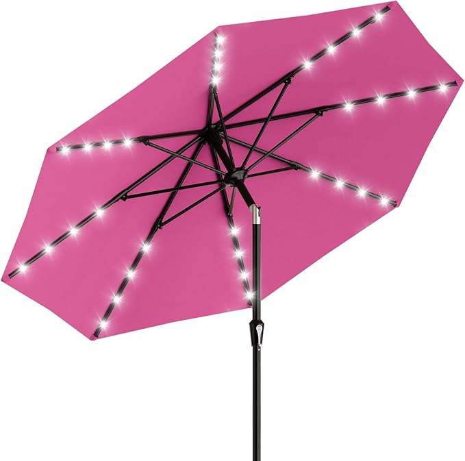 AreShark 9FT Patio Umbrella with Solar Lights, 32 LED Lighted Pool Umbrella w/Tilt and Crank, Outdoor Market Solar Umbrellas for Garden, Deck, Backyard, Pool and Beach, Rose Pink