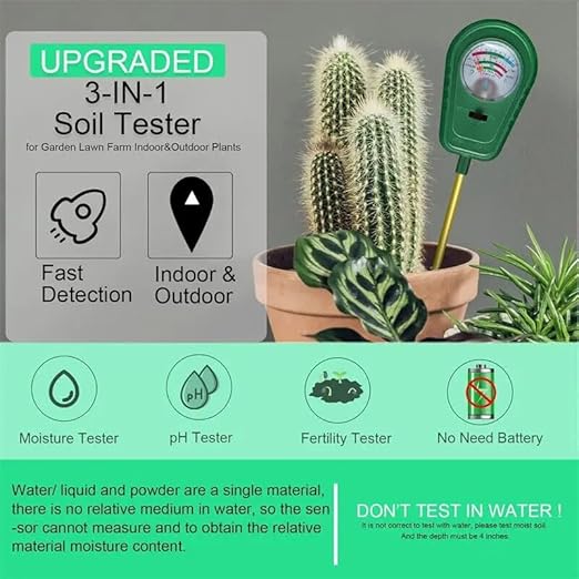 Soil Test Kit, 3-in-1 Soil Moisture Meter, Soil pH and Nutrient Meter, Soil Tester Simultaneously Display Results for Garden, Lawn, Farm Indoor & Outdoor Plants