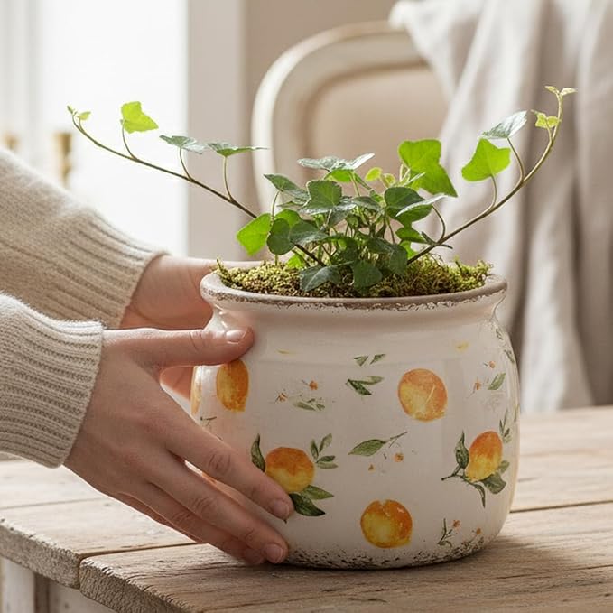 Retro Lemon Ceramic Planters, 6.29 Inch Vintage Plant Pots Indoor with Drainage, Yellow Rustic Crackle Glaze Pottery Flower Vase, Home & Kitchen Decor for Room Bookshelf Dining Table, Gifts for Women