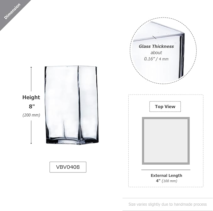 WGV Tall Square Vase Glass Block Bulk, Length 4", Height 8", Clear Bud Floral Container, Candle Holder, Planter Terrarium for Wedding Party Event, Home Office Decor, 12 Pieces