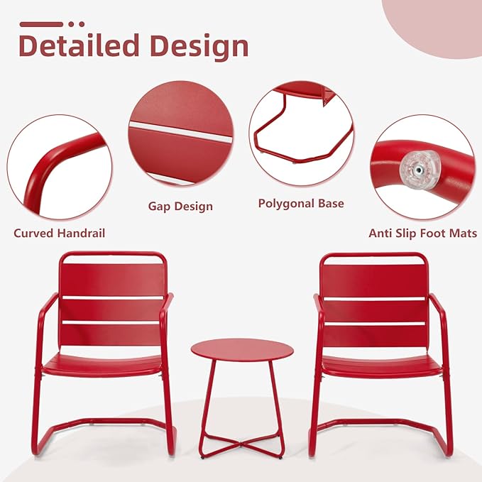 MELLCOM 3 Piece Patio Set, 2 C-Spring Retro Metal Patio Chairs and Round Side Table, Outdoor Bistro Set for 2 Idea for Balcony, Front Porch, Poolside, Deck, Indoor, Red