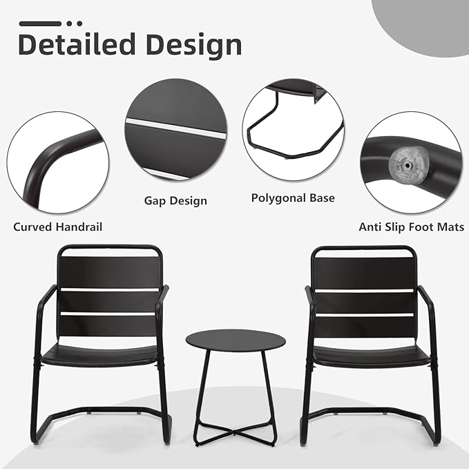 MELLCOM 3 Piece Patio Set, Small Patio Furniture Set - 2 C-Spring Metal Chairs with Round Side Table, Outdoor Bistro Set for Balcony, Front Porch, Poolside, Garden, Deck, Black