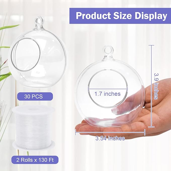 30 Pcs Hanging Candle Holder Clear Plastic Terrarium Globe Hanging Tea Lights Candle Holder for Plants Wedding Christmas Party Centerpiece Decor, 260 Ft Fishing Line, 3.54 inch
