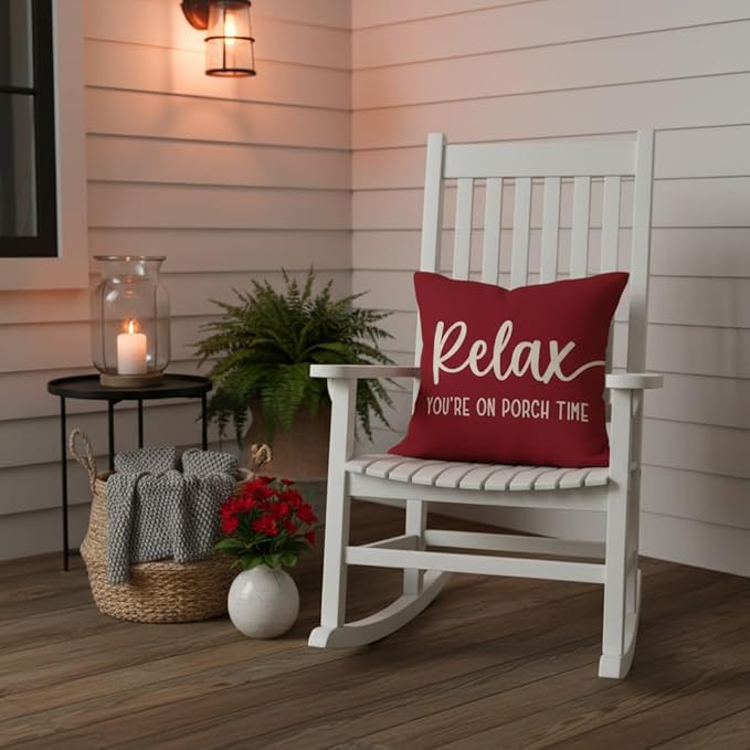 PANDICORN Decorative Throw Pillow Covers 18x18 Inch Relax Porch Time Crimson Red Outdoor Farmhouse Holiday Christmas Patio Decorations Decorative Cushion Case for Front Porch Couch Bench Decor