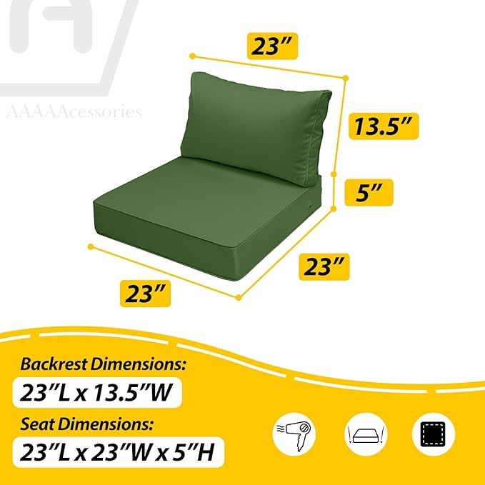 AAAAAcessories Outdoor Seat Cushions for Chairs, Fade-Resistant, Waterproof Patio Furniture Replacement Cushions, 23" x 23" x 5" + 23" x 13.5", Set of 4, Dark Moss Green