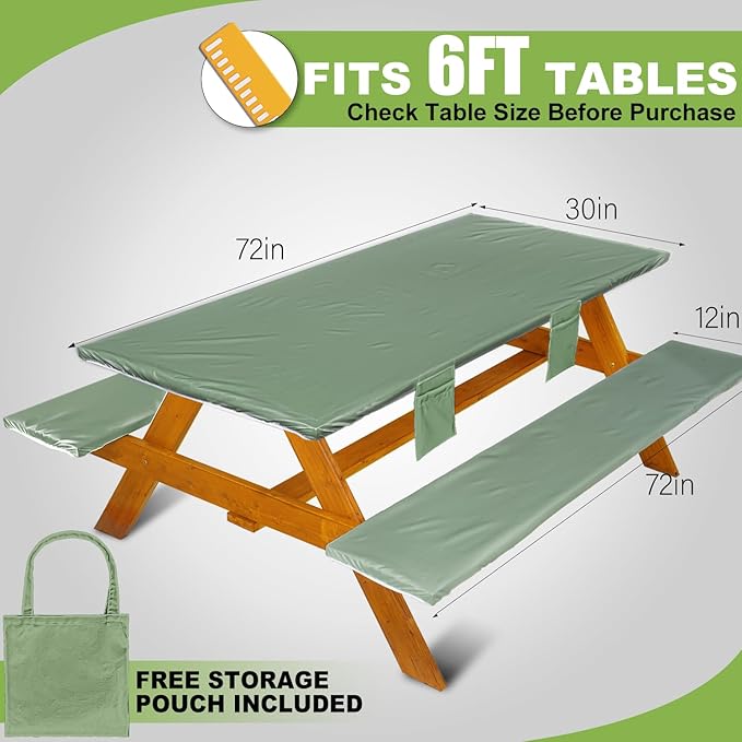 Picnic Table Cover with Bench Covers Vinyl Elastic Edges Fitted Rectangle Seat Tables Waterproof 3-Piece72X30in Set Outdoor Rectangular Folding Backing Tablecloth for Camping Over Size