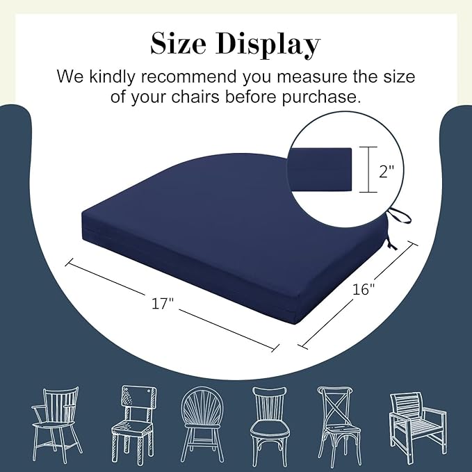 Cozyide Outdoor Chair Cushions, Waterproof Patio Seat Cushions with Adjustable Straps, Round Corner Patio Chair Cushions for Garden, Navy, 17x16x2 Inch (Pack of 2)