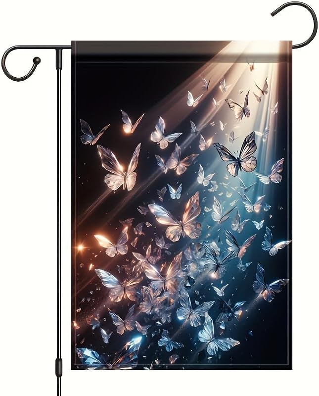 Crystal Butterfly Garden Flag 12x18 Inch Double Sided Outdoor Yard Banner Shimmer Light Art Butterfly Design for Spring Summer Patio Lawn Porch Seasonal Decoration