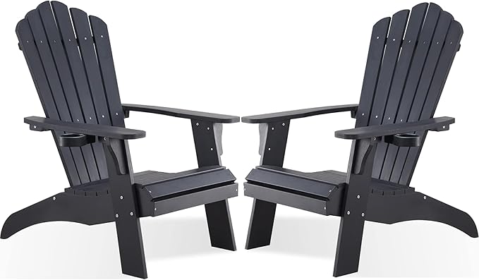 Psilvam Adirondack Chair, Oversized Poly Lumber Fire Pit Chair with Cup Holder, 350Lbs Support Patio Chairs for Garden, Weather Resistant Outdoors Seating, Relaxing Gift for Father & Mother (2, Black)