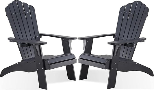 Psilvam Adirondack Chair, Oversized Poly Lumber Fire Pit Chair with Cup Holder, 350Lbs Support Patio Chairs for Garden, Weather Resistant Outdoors Seating, Relaxing Gift for Father & Mother (2, Black)