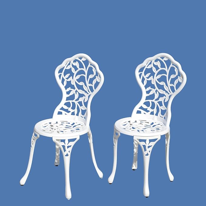 KAILI Rose Garden Cast Aluminum Bistro Chairs, Decorative Outdoor Patio Seating, Set of 2, White and Black (Leaf Chair White)