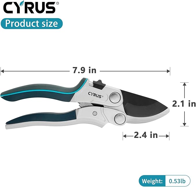 CYRUS Pruning Garden Shears with Ratchet labor-saving Lever, Carbon Steel Non-Stick Blade, Aluminum Handle & Safety Lock, Sharp Flower Scissors for Trimming Branches Up to 0.9 Inch
