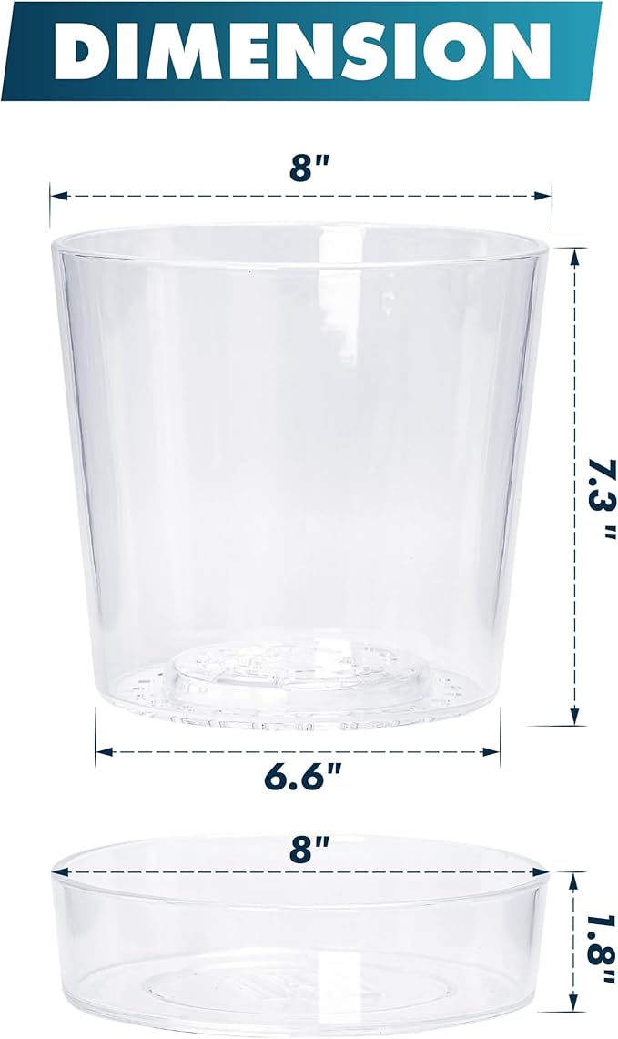 Phoenix Vine 8 Inch Clear Acrylic Planter Pot with Tray, Orchid Pot with Drainage Holes, Deep Saucer for Bottom Watering, Transparent Containers for Indoor Plants, Herbs, Set of 1, 91-A-G-1