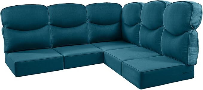 Luxury 24x24x6 Outdoor Cushions for 5-Seat Sectional Sofa Set of 5 - Water-Repellent 11-Piece Patio Cushion for Outside Rattan Wicker Loveseat Chair L-Shape Couch - Peacock Blue/Smile