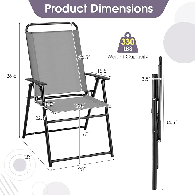 Giantex Patio Chairs Set of 2, Outdoor Folding Chairs with Armrests, Metal Frame, Outside Foldable Dining Chairs for Lawn Deck Porch Beach Yard (Gray & Black)
