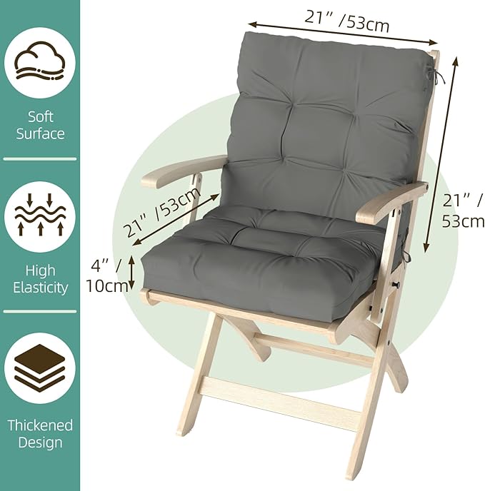 Outdoor Chair Cushions Set of 2, 42x21x4 Inch Patio Cushion for Dining/Rocking Chairs, High Back Soft Seat Pad with Ties, Indoor Outside Use, Fade-Resistant & Waterproof, Dark Gray