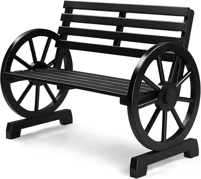 VINGLI 41" Rustic Wooden Wheel Bench Outdoor Bench, 2-Person Patio Bench Wagon Slatted Seat, Garden Benches for Outdoors 350lbs High Capacity, Weather Resistance (Black)