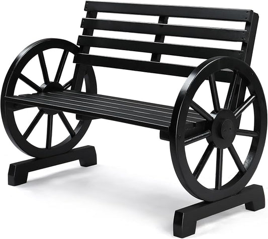 VINGLI 41" Rustic Wooden Wheel Bench Outdoor Bench, 2-Person Patio Bench Wagon Slatted Seat, Garden Benches for Outdoors 350lbs High Capacity, Weather Resistance (Black)