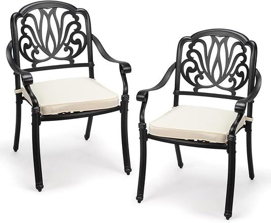 VINGLI Patio Chairs Set of 2 - Stackable Outdoor Cast Aluminum Dining Chairs with Vintage Black Finish and Floral Pattern, Metal Armchairs for Poolside, Backyard, Balcony (with Cushion)