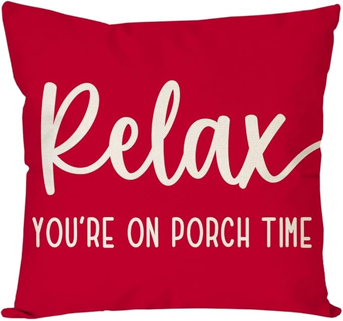 PANDICORN Decorative Throw Pillow Covers 18x18 Inch Relax Porch Time Red Outdoor Farmhouse Christmas Porch Decorations Decorative Throw Pillows Cases for Front Porch Patio Couch Bench Decor