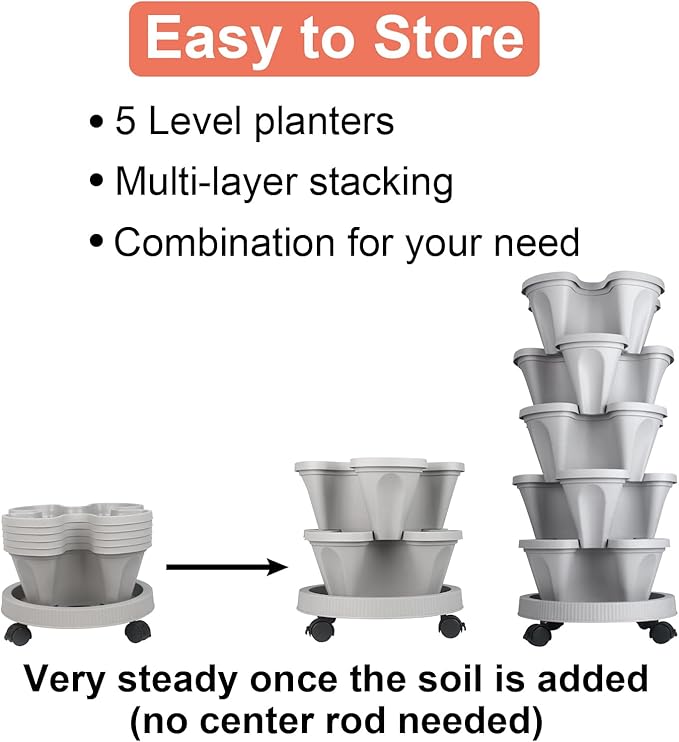 GameXcel Vertical Planter 5 Tier Stackable Planters Garden Planters Strawberry Herb Flower and Vegetable Planter Indoor Outdoor Gardening Pots with Removable Wheels and Tools