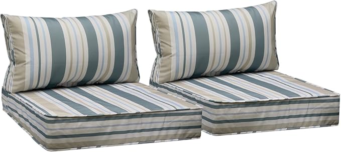 AAAAAcessories Outdoor Seat Cushions for Chairs, Fade-Resistant, Waterproof Patio Furniture Replacement Cushions, 25.5" x 25.5" x 5" + 25.5" x 13.5", Set of 2, Slate Gray Blue Coastal Stripe